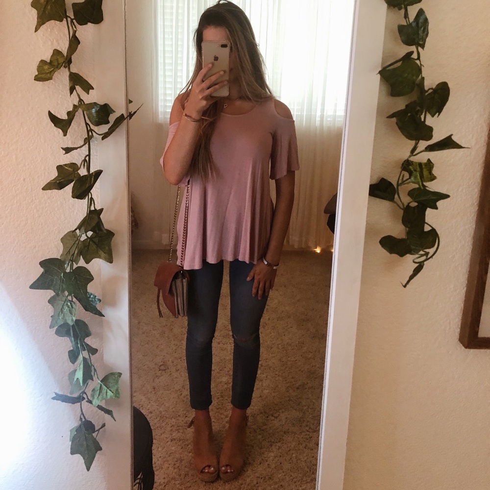 Pale pink open shoulder top